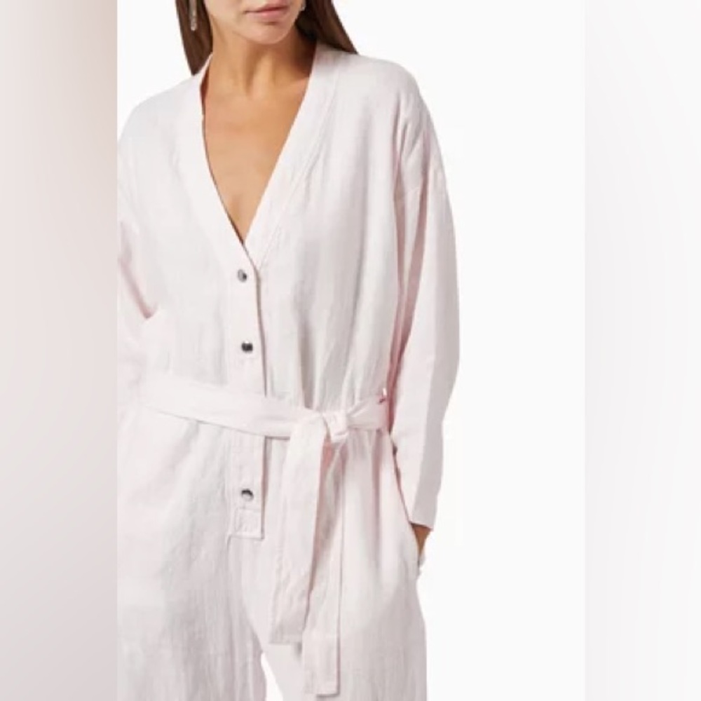 Overlover Jumpsuit Women Size M Pink Linen Long Sleeve Belted Snap Front Utility